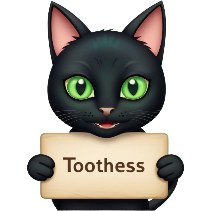 Black cat with massive green eyes with a sign that says toothless emoji