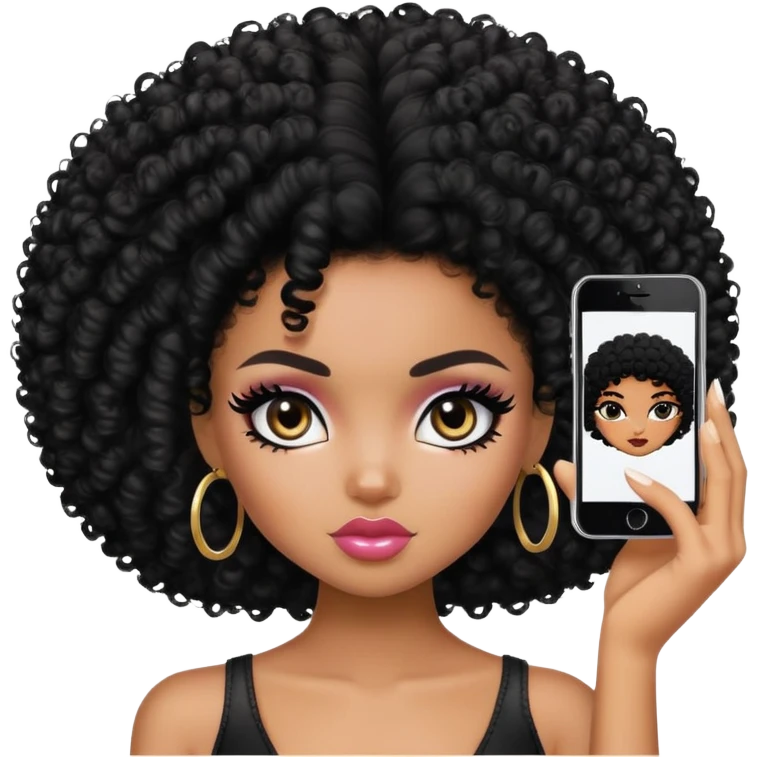 pretty bratz baddie, black eyeliner, dark skin, black curly short afro hair, black  eyes emoji