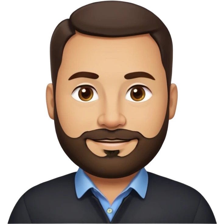 Very stocky businessman in his 40s with light brown skin, pear-shaped face, full cheeks, warm friendly smile, kind welcoming eyes, thick eyebrows, wide nose, short full beard, short dark hair, wearing a black button-up shirt emoji