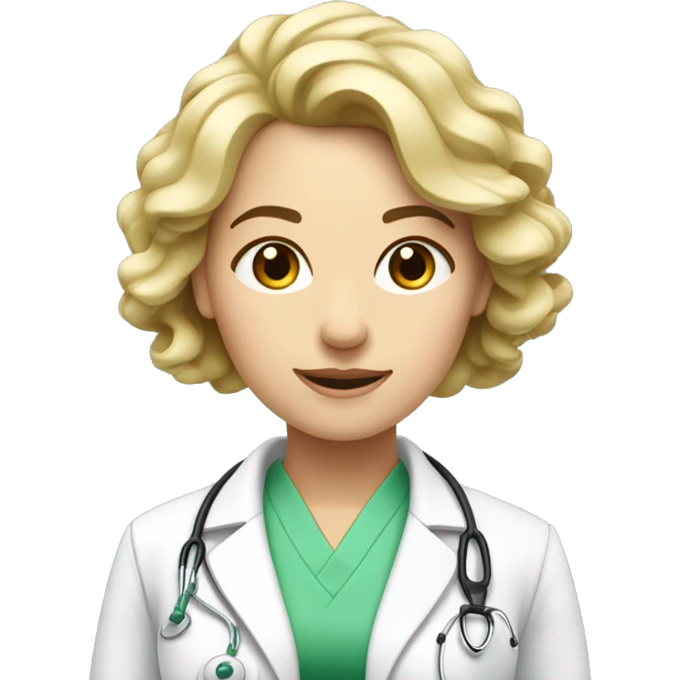 Femme Medecin,cheveux châtains clair bouclés , yeux verts  emoji