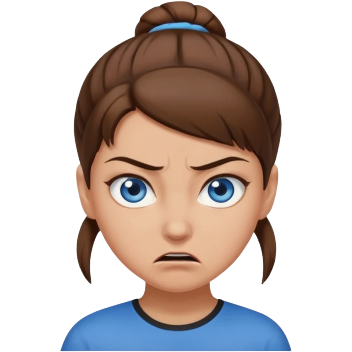 Girl with blue eyes, brown hair in a brown bun, no bangs, angry emoji