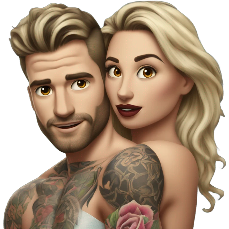 Hyper Realistic beautiful woman in the arms of a very handsome tattooed man kissing  emoji
