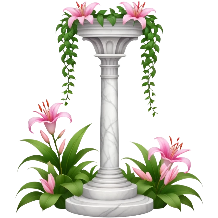 White tall marble pedestal with vines growing and pink lilies, beautiful romantic scenery  emoji