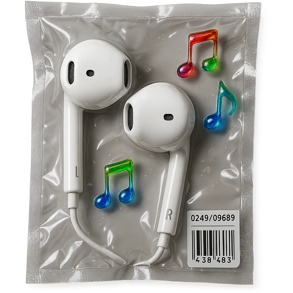 pair of white EarPods with three small rainbow glass music notes floating nearby, shiny and inflated emoji