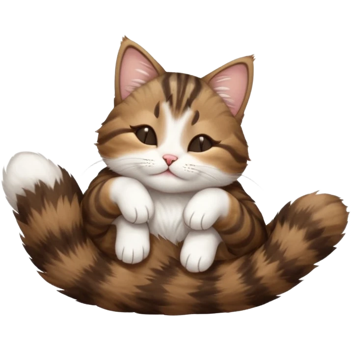 dark brown tabby and white small cat in funny positions upside down with eyes closed emoji