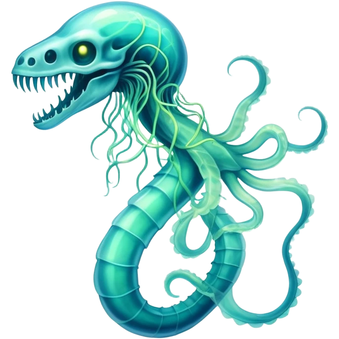 A phosphorescent deep-sea serpent with translucent scales that reveal its glowing skeleton, possessing both jellyfish-like tendrils and the ability to generate electrical pulses that illuminate the ocean depths. emoji