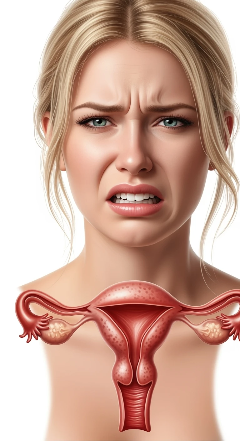 donna con utero umano realistico in evidenza dolorante, espressione di dolore in volto, sfondo bianco, non farla computerizzata, ma iperrealistica 4k emoji