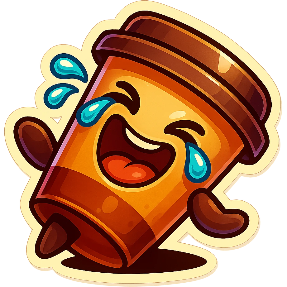 Tall coffee cup, laughing hard, tears in eyes, fallen over, dramatic laugh emoji
