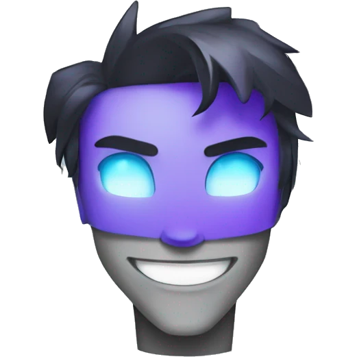 A teenage Robot boy face, metal gray Face, Glowing Blue Eyes, Violet Hair, Black Jacket emoji