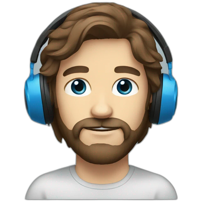 man long brown hair, beard and blue eyes headphones emoji