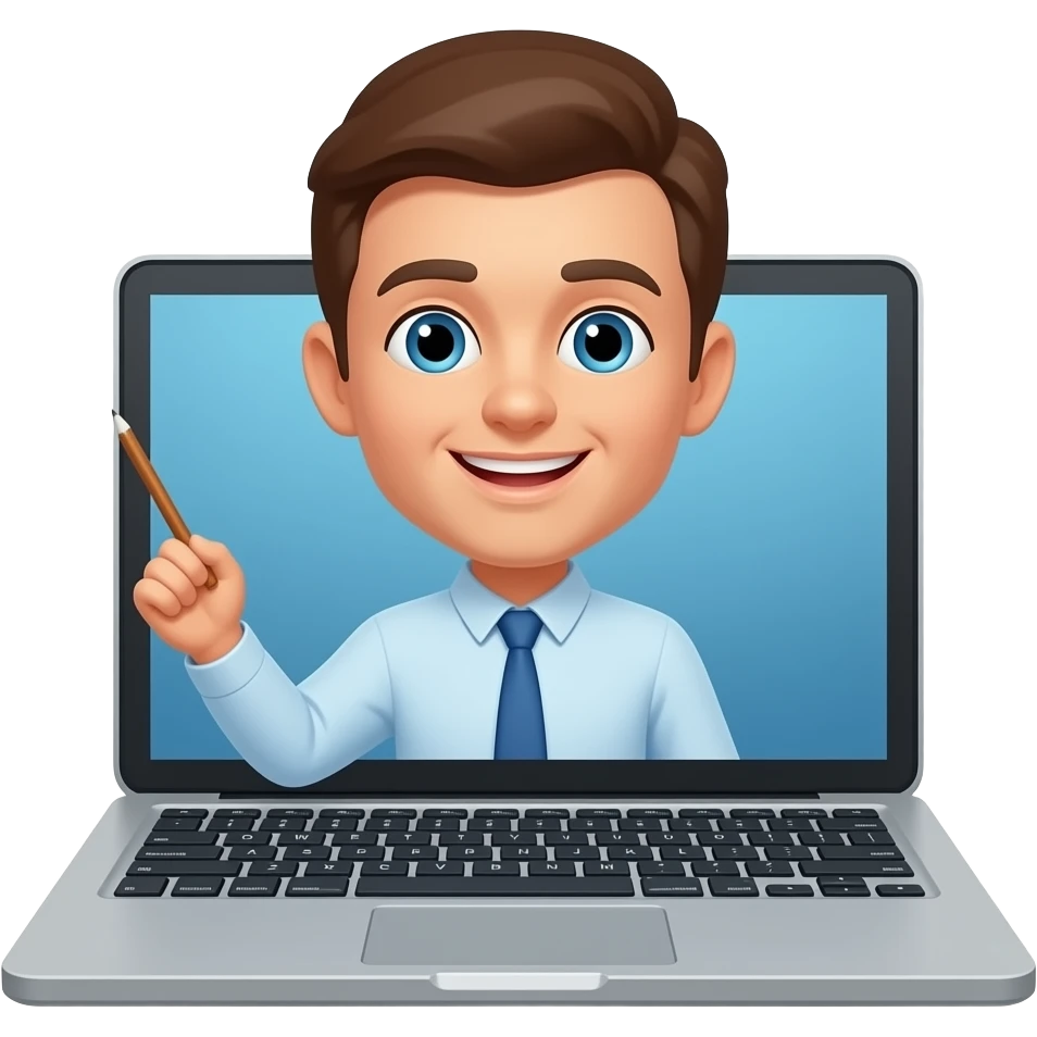Online course, laptop screen with a person emerging teaching something. Lesson, video course, emoji