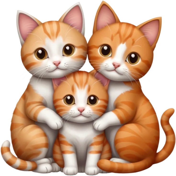 3 kittens cuddling together all different colours, the first one is grey and white, the second is ginger and white and the third is brown tabby and white emoji
