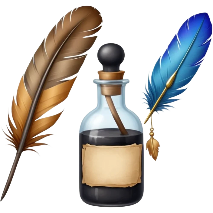 feather quill and ink bottle, soft painterly textures, whimsical and creative emoji