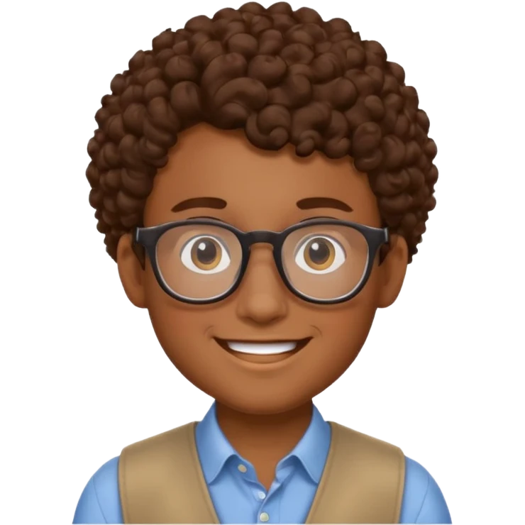 Nerdy boy with glasses, brown curly hair, brown skin emoji