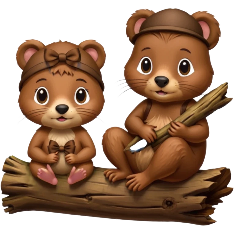 a girl beaver and a boy beaver on a log. give the girl eyelashes and a bow on top of her head emoji
