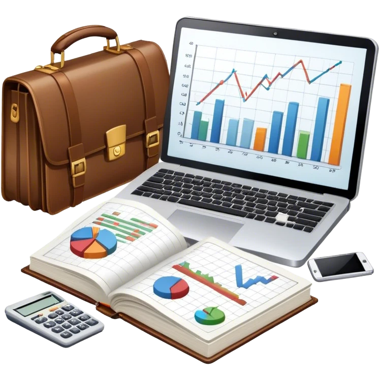 Icon for Business Reading: an open book with a graph and financial charts, a briefcase, a calculator, and a laptop nearby. The icon should represent the world of business, finance, and professional growth. Transparent background. emoji