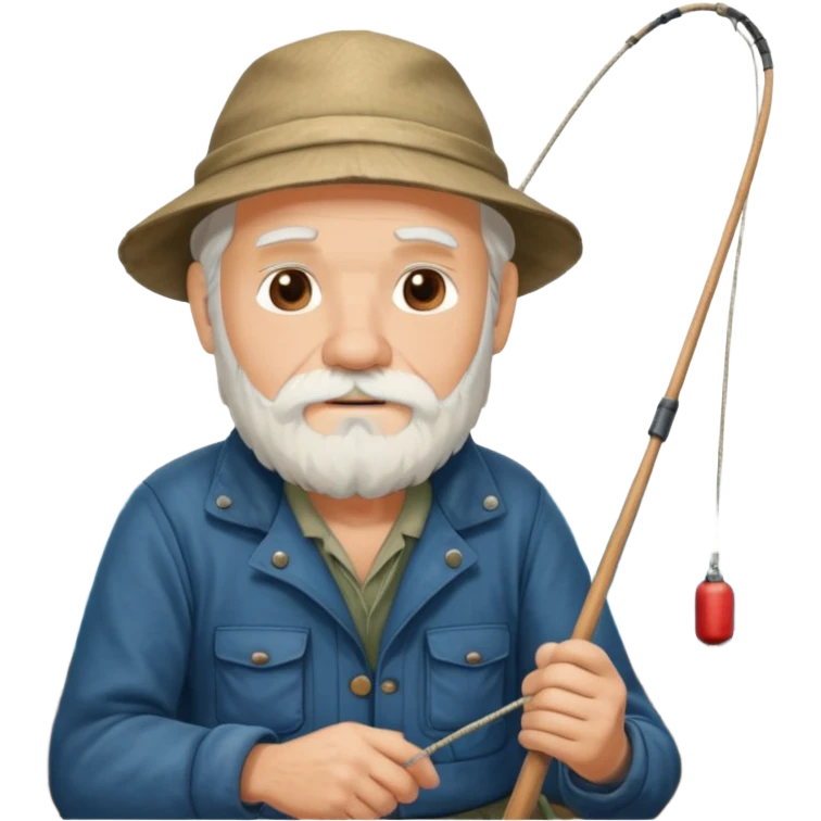an old white haired, bearded man in fisherman attire, sat in a big boat on the ocean, casting a fishing line into the water emoji