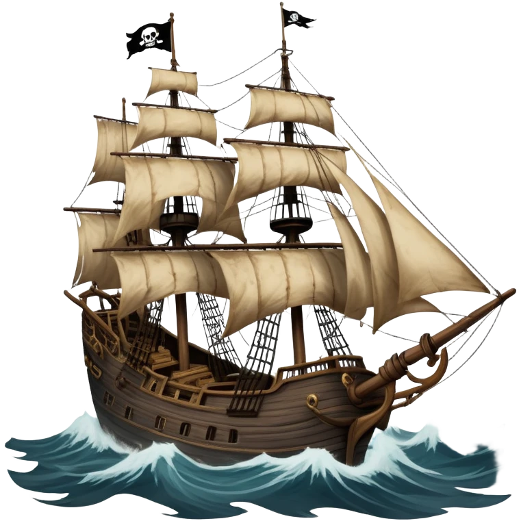 An icon representing an adventure game, inspired by high-seas exploration. The design features a fearless pirate gripping the wheel of a grand sailing ship, its tattered Jolly Roger flag billowing as it cuts through stormy waters. The scene evokes danger, treasure, and the thrill of the open sea. Transparent background. emoji