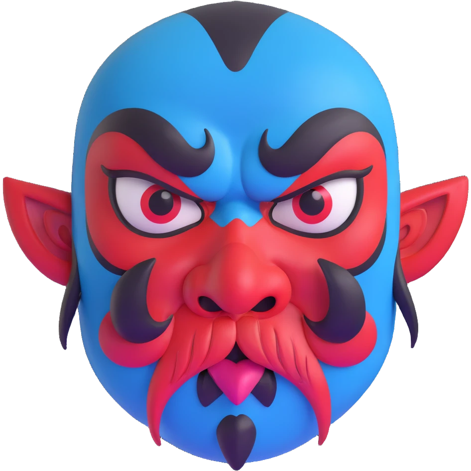 Japanese Tengu demon mask with thick black eyebrows, large cartoonish angry eyes, big curved red nose, black mustache, tongue sticking out, and blue sweat droplets on forehead emoji