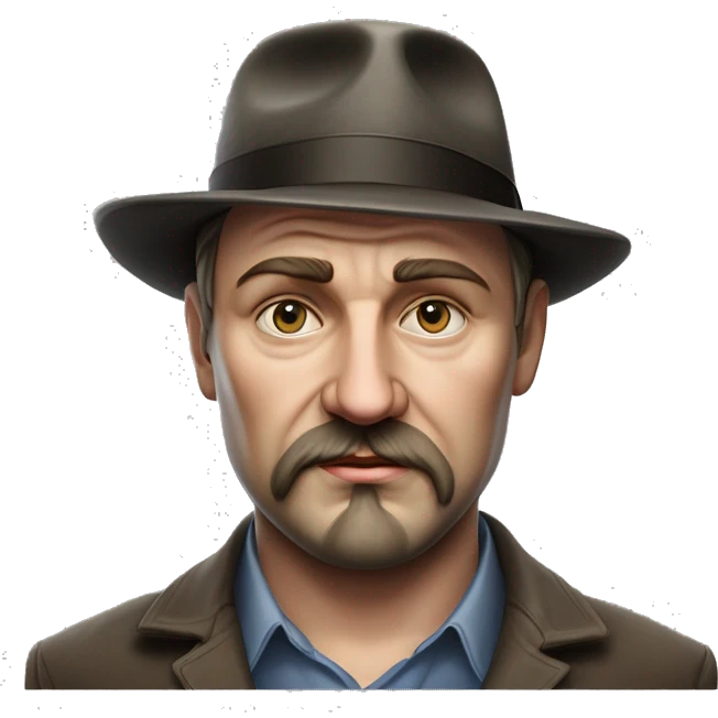 Russian writer Alexander Kuprin Photorealism A plump serious man of Slavic appearance with Small eyes with goatee beard and mustache, with a  short haircut, big detailed face, wrinkled face, wearing a fedora hat emoji