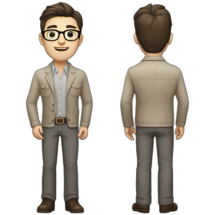 Full height Pale skinned Fit Man With dark brown hair in gray classic jacket, beige office shirt, Brown pants and vintage glasses. Thrumbs of his palms upwards emoji