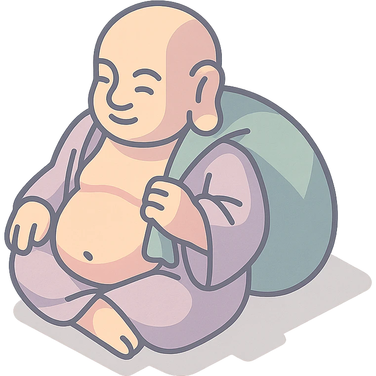Hotei with a sack, 2D isometric style, clean lines, sharper angles, high detail, pronounced shadows and highlights, minimalist eastern accent, pastel palette #98B5BC, #B5B3C1, #C9A3C9, #E4C0CA, #F7DCD1, #F7C0AA, transparent background emoji