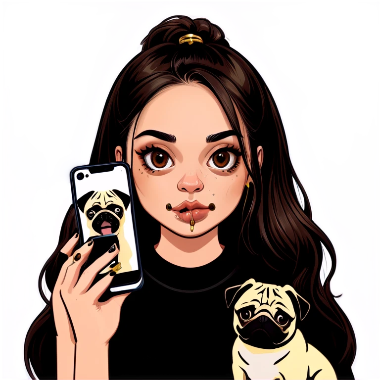 Beautiful young girl with choppy long dark brown hair flows over her her septum piercing is gold and shines as she holds her black phone and her large pug with an underbite layed beside her emoji