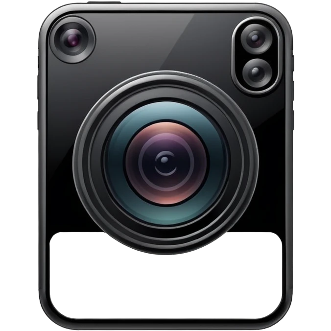 Minimalistic flat vector icon, iOS style, thin black contour on white background. Smartphone with a camera lens symbol. No text, no shadows.
 emoji