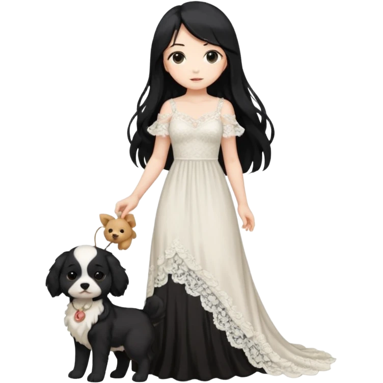Pastel anime lady long hair with long lace dress full body holding puppy emoji