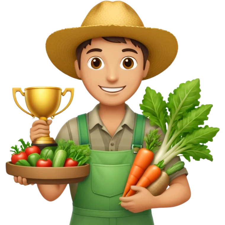 Happy gardener with trophy and prize vegetables emoji