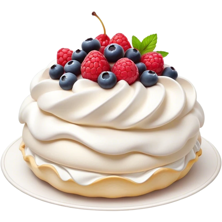 Cinematic Realistic Pavlova Dessert Emoji, showcasing a delicate meringue dessert topped with fresh fruit rendered with lifelike texture and soft natural lighting. emoji