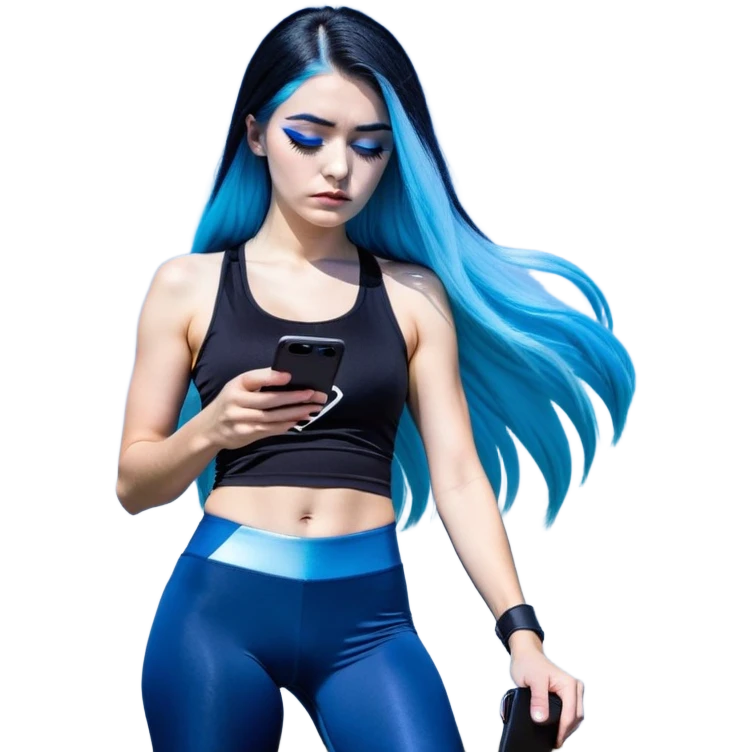 Shameful and disappointed and crying-very very very very large chest-texting on a samsung cell phone-very long straight flowing black to sky blue hair ombre-blue eyes-black eyeliner-long eyelashes-iridescent sky blue very low cut tank top with sparkling superman logo-black leggings-nike sneakers emoji