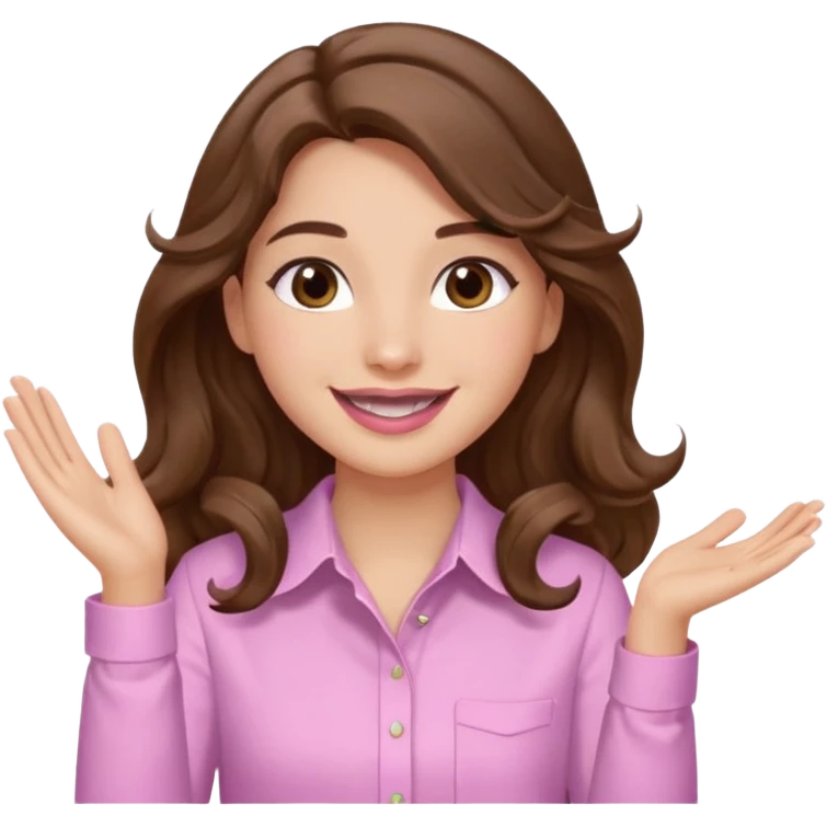 girl with wavy long brown hair, brown eyes, light to medium complexion, long lashes, light pink lipstick, smiling, wearing light pink shirt, clapping emoji