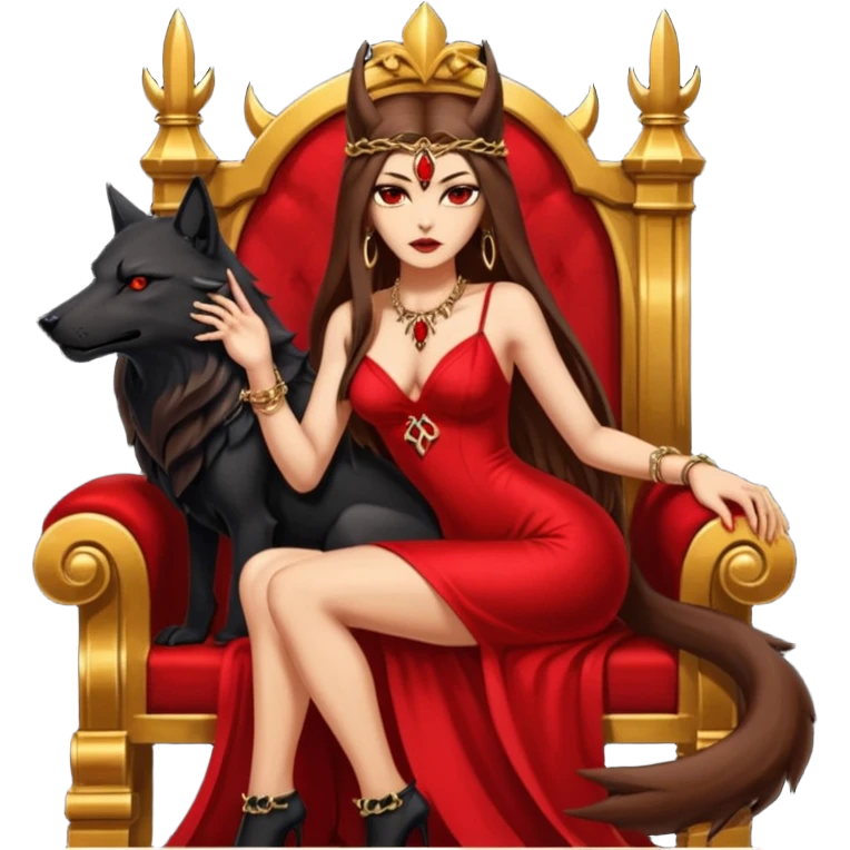 Caramel skin toned Lilith symbol seductress evil brown straight long hair haired, sexy succubus woman with red and black Chanel dress sitting on a Black and gold throne. A large black wolf laying beside he emoji