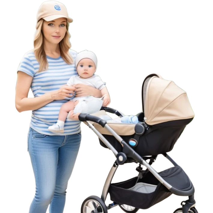 A mom with a brown stroller, a coffee cup attached to it. Inside, a 6-month-old baby boy with light brown hair and blue eyes. The mom is wearing a beige T-shirt and a matching beige cap. The baby is dressed in white sneakers, a white and blue striped T-shirt, and jeans emoji