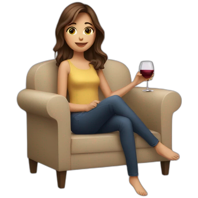 Girl with brown hair and brown eyes drinking wine sitting on a sofa emoji