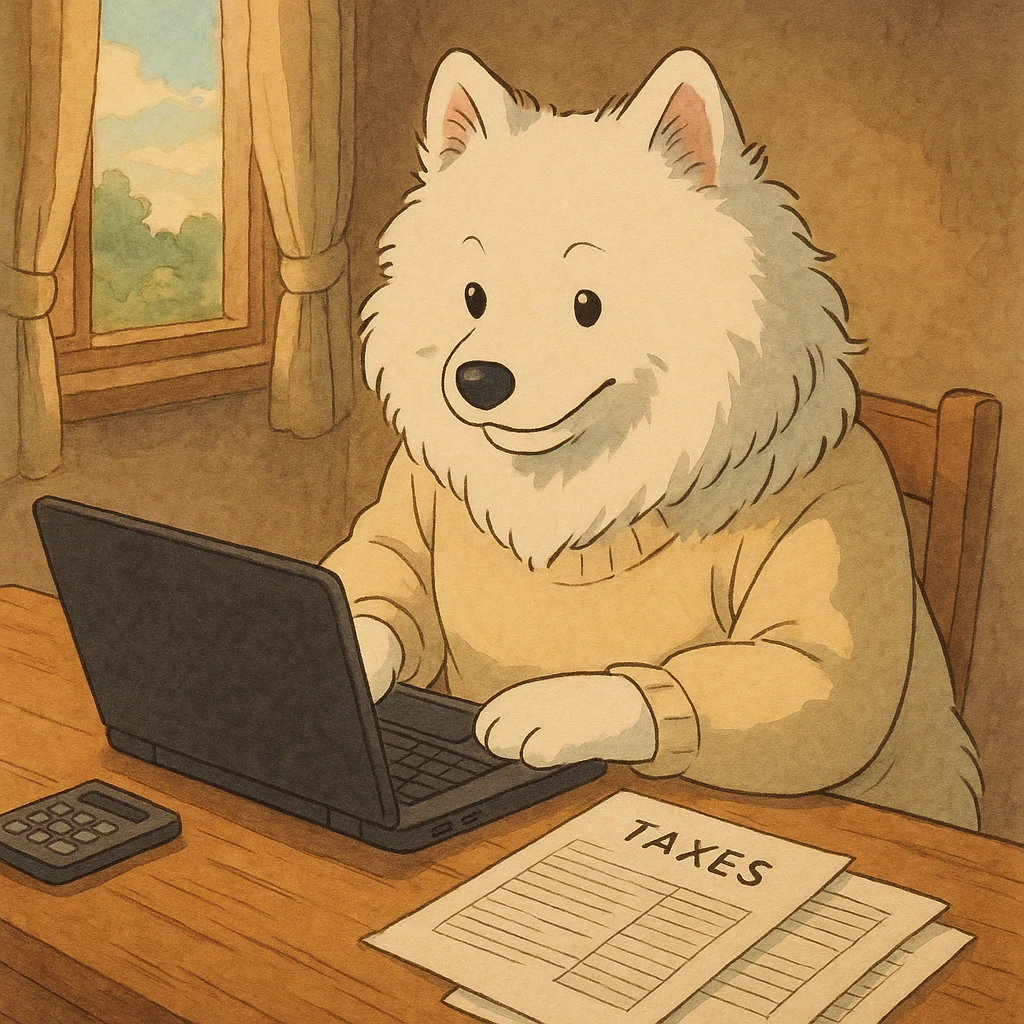 Samoyed doing taxes on a laptop emoji