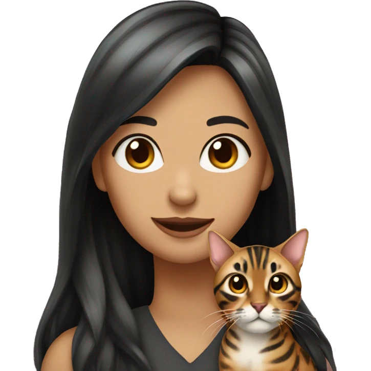 woman long dark hair with bengal cat with heart emoji