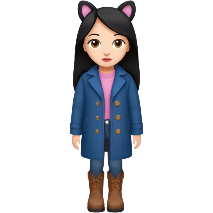 Gordita, ojos pequeños de color cafe oscuro, labios pequeños y rosados, piel trigueña, orejas pequeñas, cabello largo lazio y negro, pequeña. cuerpo completo. vestida con saco de lana jean color azul y botas color café. No le pongas orejas emoji