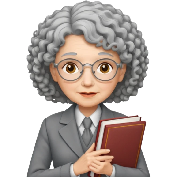 elderly female, curly hair, holding book, wearing gray suit emoji