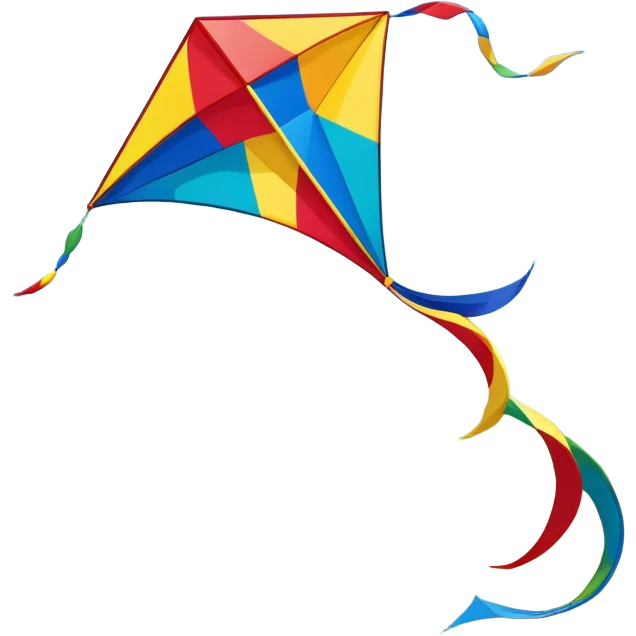 A colorful kite soaring high in the sky on a sunny day, with a long, flowing tail trailing behind. The background features an open field or beach, capturing the joy and freedom of flying kites, with gentle winds and a peaceful atmosphere. emoji
