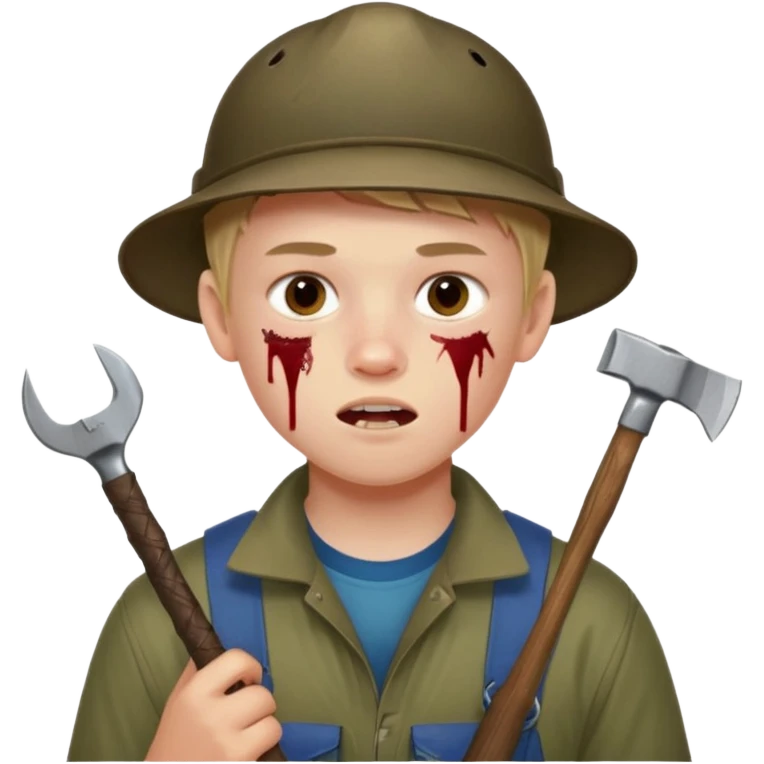 13 y/o Brian robeson at the beginning of Hatchet
determined, has hatchet, self-reliant, observant survivalist, berry juice on mouth, bug bites on face, white boy emoji