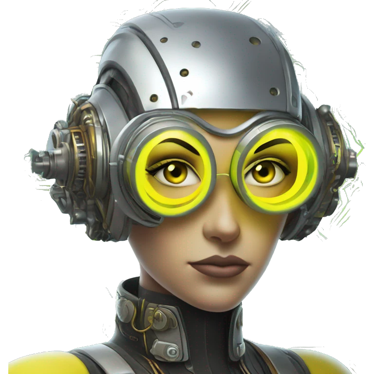 Caucasian female cyborg head with Neon yellow bobbed hair, silver steampunk goggles and circuits emoji