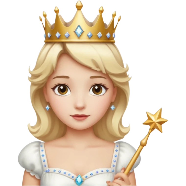 dorothy queen blonde hair, white dress with magic wand, rounded sparcle, and crown on head. emoji