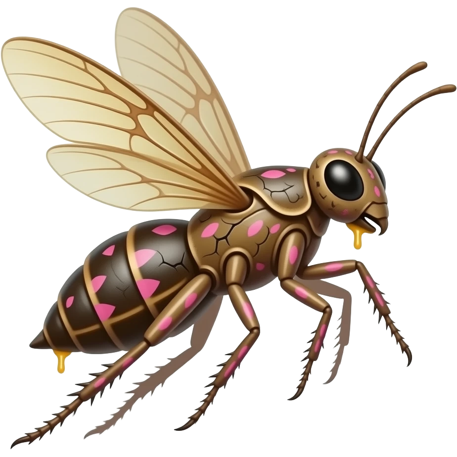 Flying Walkingsticks crawler with sticky sap running through back cracks in its bark-like body. petal wings it's made of bark but has a shell on its back, it has spikes and runs fast with all its limbs. It's full of pink petal markings, and looks like a Walkingstick insect with a petal bark body emoji