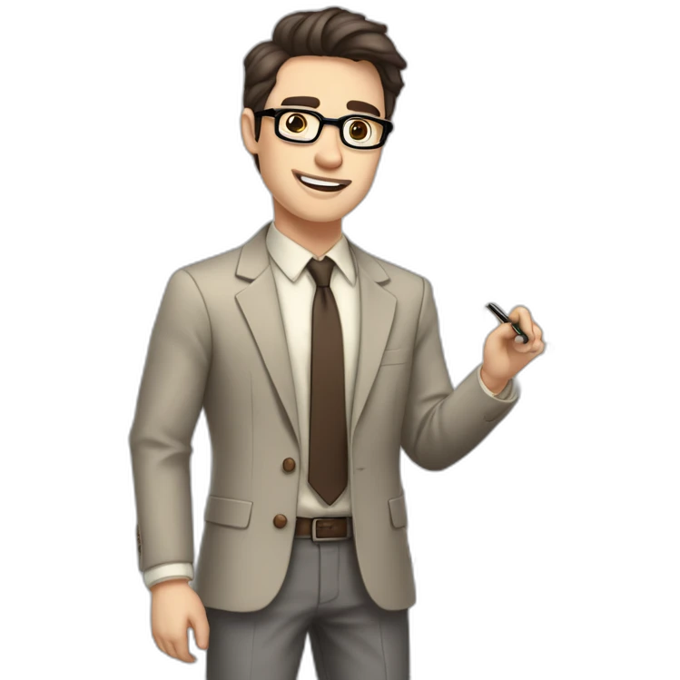Pale skinned fit man with dark brown hair in gray jacket, beige office shirt, brown tie, brown pants and vintage glasses Writing text on the flipchart emoji