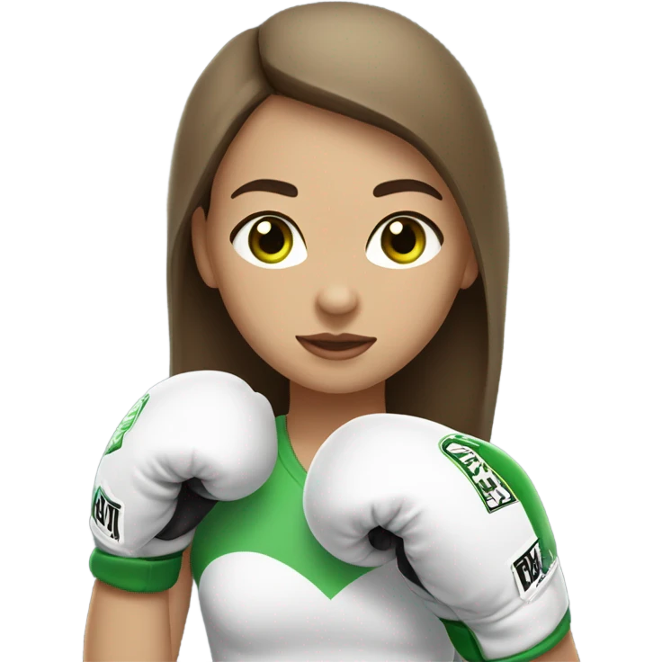 A girl with brown straight hair and green eyes, light skin, wearing white boxing gloves. emoji