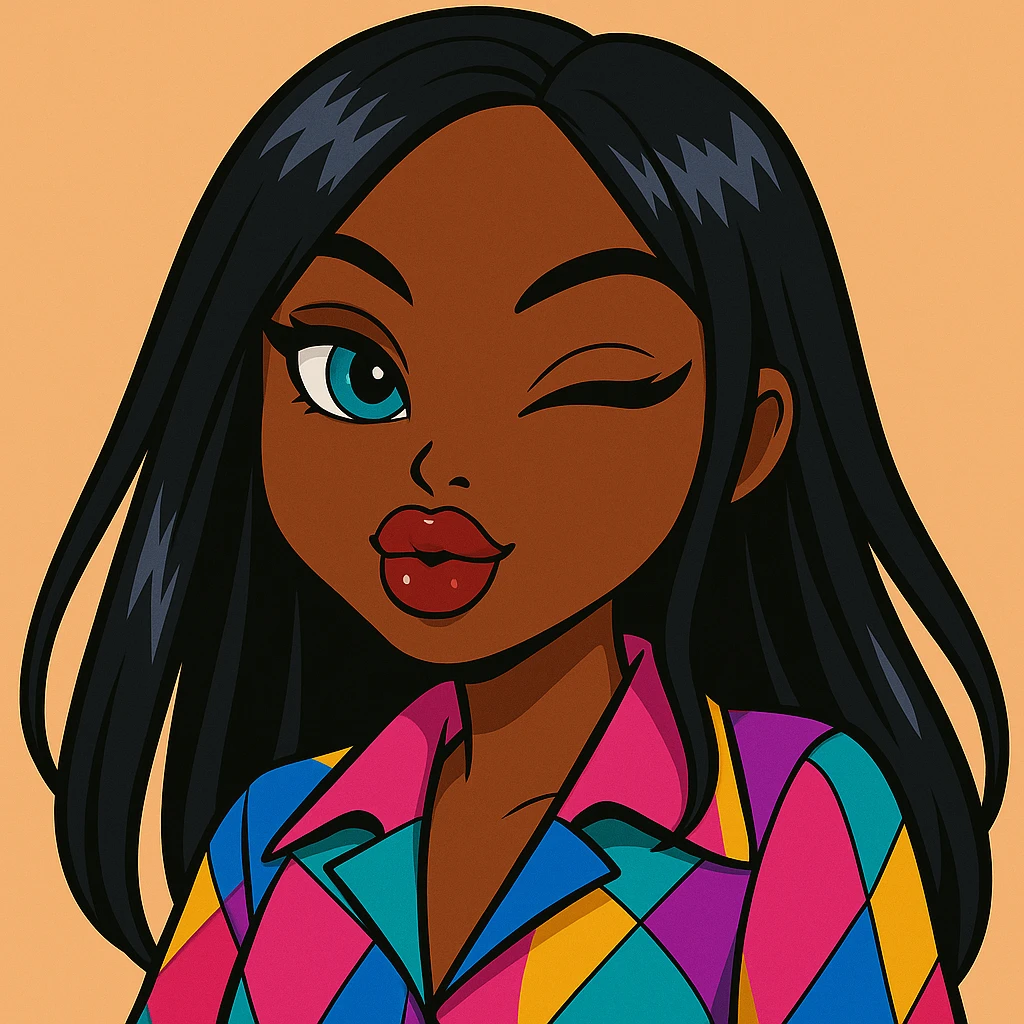 Headshot only of a 20-year-old anime Bratz style woman with dark skin and straight hair. She has a sassy attitude with a confident and playful expression. She wears a bold colorful fashion-forward look, has big expressive eyes, and glossy lips. No hat, no tears. emoji