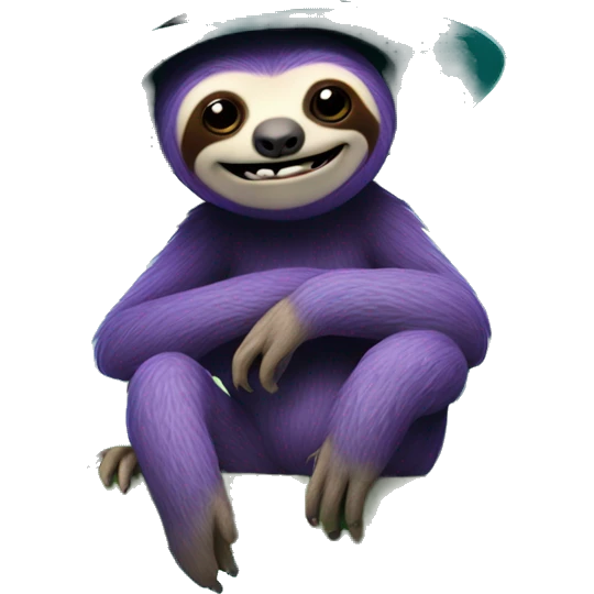 Purple sloth sitting on a banana tree wearing a bowler hat that is turquoise with an evil smile face  emoji