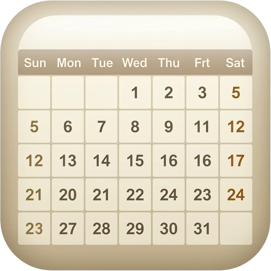 Apple-style calendar emoji, full month view, grid layout with all days visible, soft light beige and cream tones, very light neutral palette, rounded corners, soft shadows, subtle glossy finish, minimal clean design, elegant, delicate, cute aesthetic, premium look, no bright colors emoji